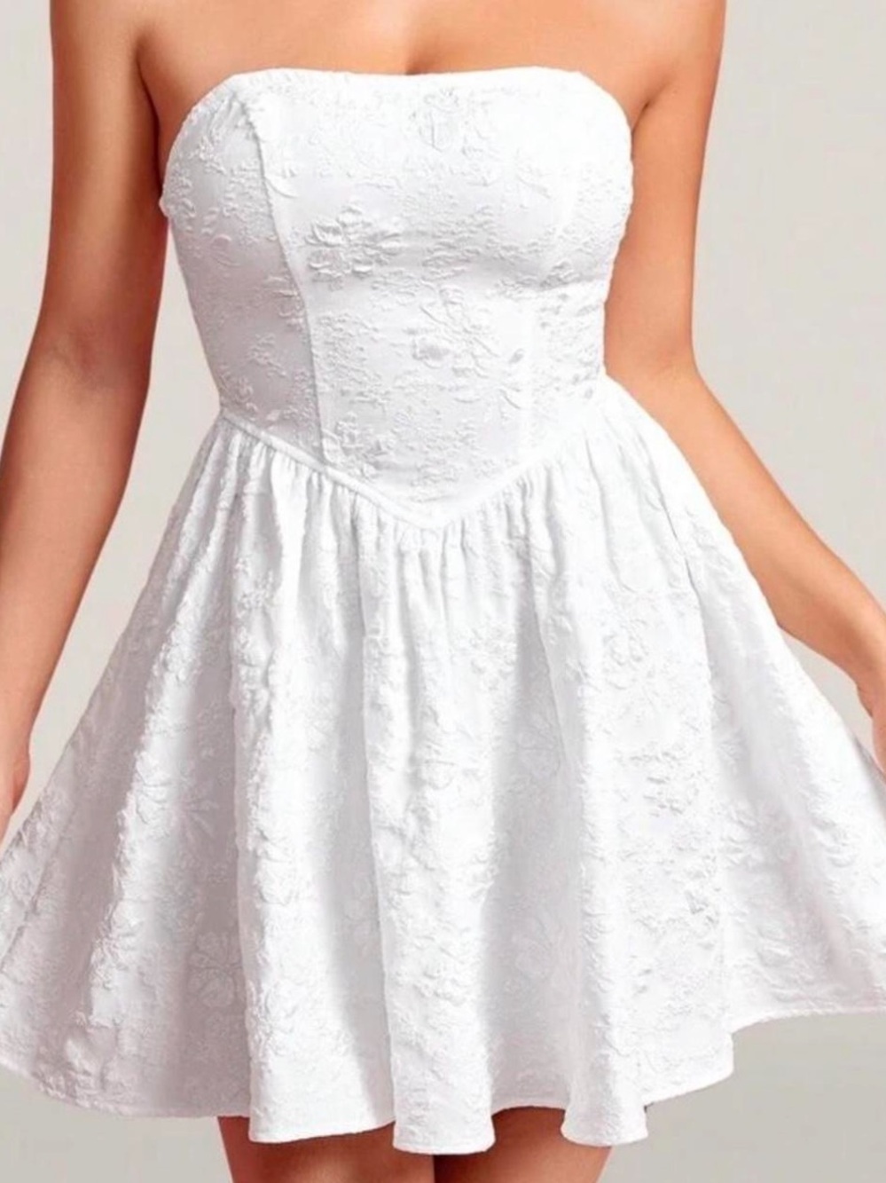 Strapless White Floral Jacquard Skater Dress